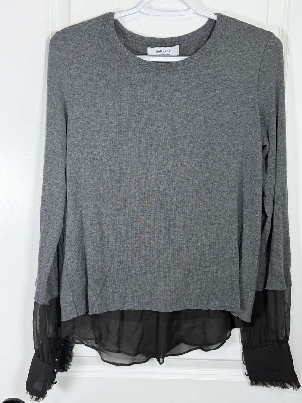 Bailey/44 Gray Knit Long Sleeve Top with Sheer Contrast Sleeves and Hem - Size M